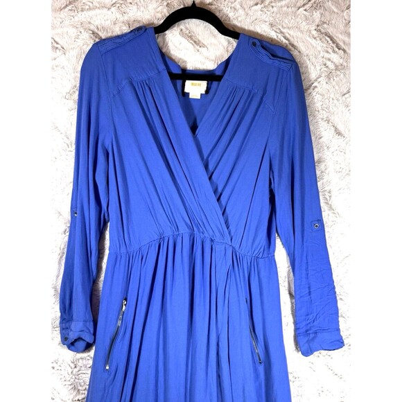 Anthropologie Maeve Dress L Lene Crepe Faux Wrap Pockets Blue Roll Tab Sleeve - Picture 3 of 15